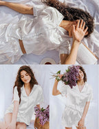 LecGee Womens Silk Satin Pajamas Short Sleeve Loungewear Two-Piece Sleepwear Button-Down Pj Set