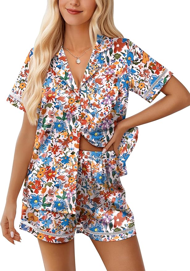 Ekouaer Womens Silk Pajama Sets Button Up Satin Pjs Short Sleeve 2 Piece Pj Sets Cute Lounge Sets with Chest Pocket