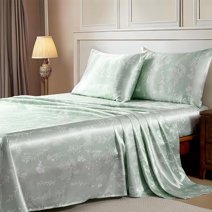 MR&HM Satin Bed Sheets with Elastic Corner Straps, King Size Sheets Set, 4 Pcs Silky Bedding Set with 15 Inches Deep Pocket for Mattress (King, Floral Sage)