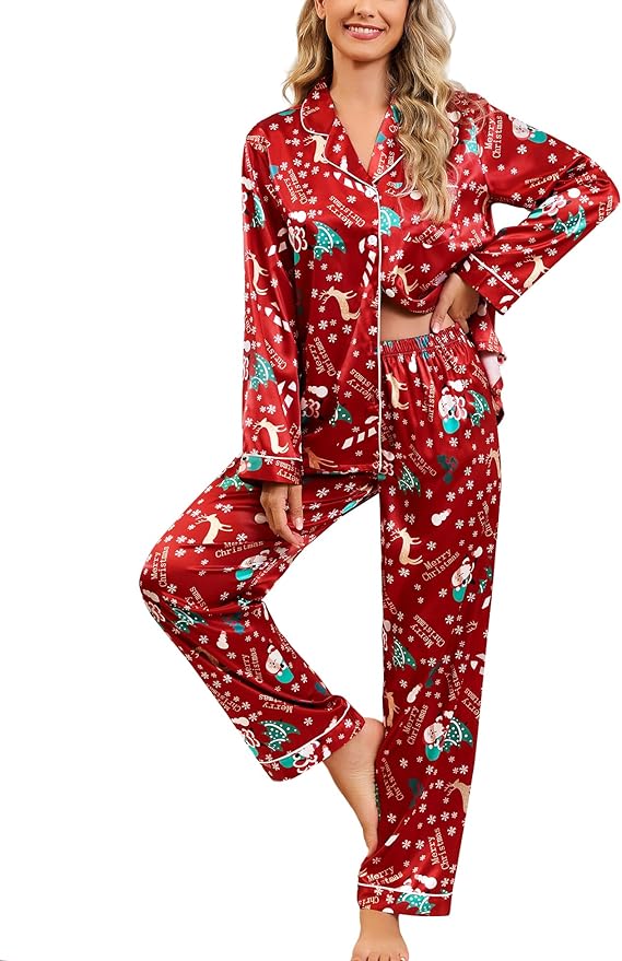 SWOMOG Womens Silk Satin Pajamas Set Long Sleeve Button Down Sleepwear 2 Piece Lounge Set Pj Set XS-3XL