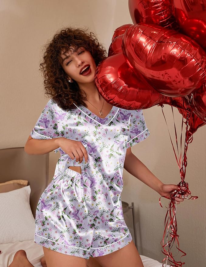 Ekouaer Silk Pajama for Women Short Sleeve Satin Pj Set Two Piece Soft Sleepwear Loungewear, S-XXL