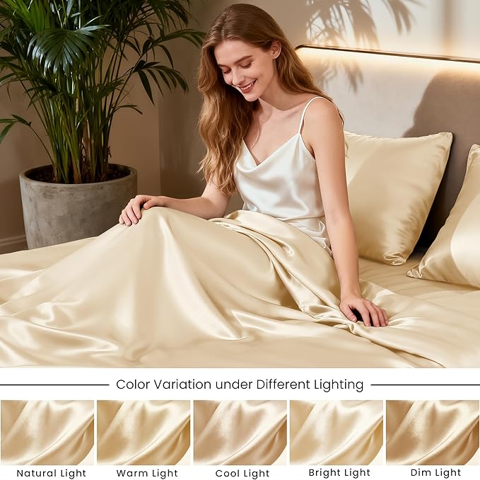 Love's cabin California King Satin Sheet Sets - 4 Piece Beige Silky Sheets Bed Set with Deep Pocket, Luxury Silk Feel Satin Cal King Sheet Set (1 Flat Sheet,1 Fitted Sheet,2 Pillow Cases)