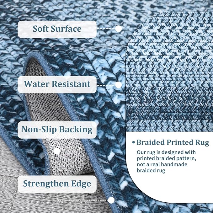 RUGSREAL 2x6 Runner Rug Braided Print Hallway Runner Rug Boho Rug Machine Washable Throw Floor Cover Non Slip Moroccan Carpet for Kitchen Farmhouse Rustic Runner for Living Room Bedroom, Blue