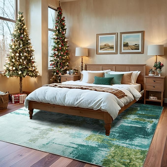Area Rug 5x7 Washable Rugs Green Abstract Area Rug Soft Non-Slip Non-Shedding Faux Wool Stain Resistant Floor Carpets for Living Room Bedroom Dining Room Kids Room Home Office Farmhouse