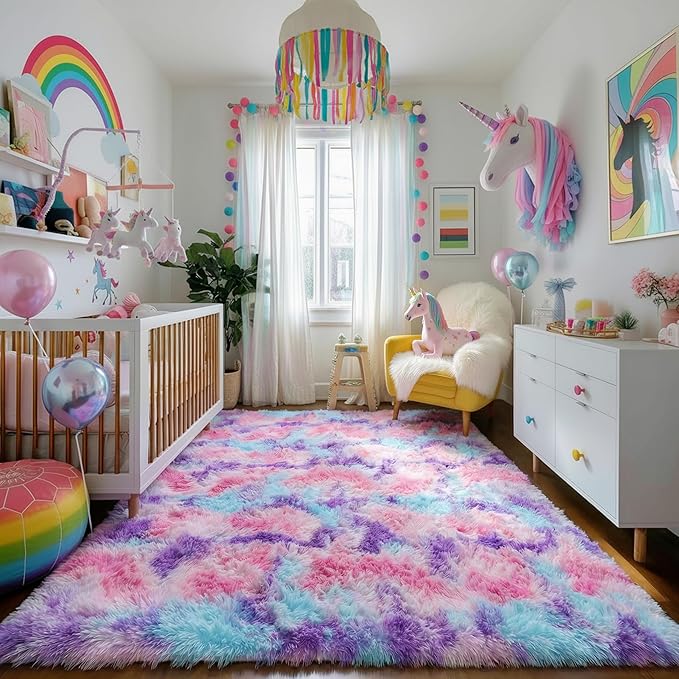 Amdrebio Hot Pink Rainbow Area Rug for Girls Room 5x8, Soft Fluffy Cute Fuzzy Colorful Kids Rugs for Bedroom Nursery Playroom Classroom, Shaggy Floor Princess Carpet for Baby Toddler Teen, Home Decor