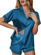 Ekouaer Womens Lace Satin Pajama Set Button Down Pj Shorts Set Bridesmaids Getting Ready Outfits Casual Sleepwear XS-XXL
