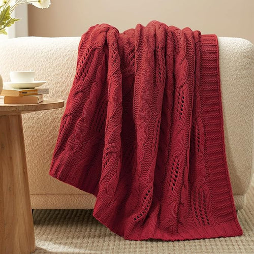 Amélie Home Chunky Knit Throw Blanket, Reversible Soft Chenille Breathable Cable Knitted Blanket for Couch and Sofa, Farmhouse Decorative Throw for Chair, 50"x60", Christmas Red