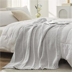 Amélie Home Knit Throw Blanket, Soft Chenille Cozy Breathable Chevron Chunky Decorative Blanket for Couch, Bed & Sofa, French-Inspired Lightweight Warm Gift for Women, Light Gray, 60"x80"