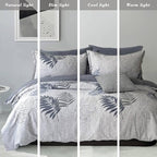 ALEISSEL Natural Cotton 3pcs Botanical Comforter Sets King Size-Dark Gray Comforter with Luxurious Blue & Gray Leaves on White, Reversible Lightweight Floral Bedding Sets(King 104"×90")