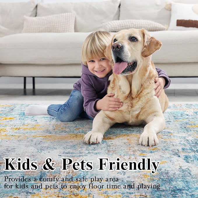 Area Rug 8x10 Washable Rugs Modern Abstract Area Rug Soft Non-Slip Non-Shedding Faux Wool Stain Resistant Floor Carpets for Living Room Bedroom Dining Room Kids Room Home Office (Teal, Rust)