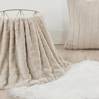 Striped Throw Blanket and Pillow Covers Set (No Inserts) for Couch and Bed, Plush Warm Lightweight Fuzzy Faux Fur Blanket for All Seasons (50" x 60", Oatmeal)