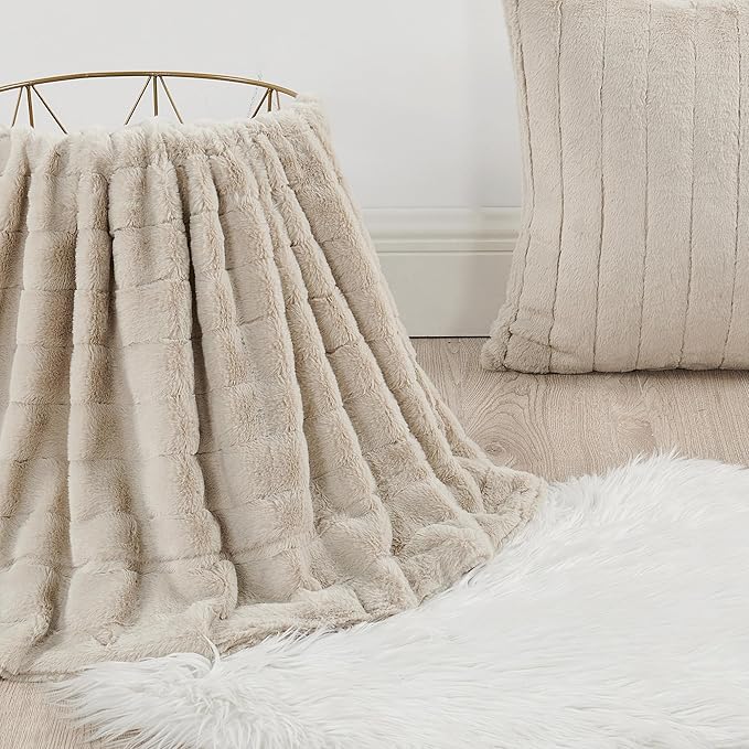 Striped Throw Blanket and Pillow Covers Set (No Inserts) for Couch and Bed, Plush Warm Lightweight Fuzzy Faux Fur Blanket for All Seasons (50" x 60", Oatmeal)