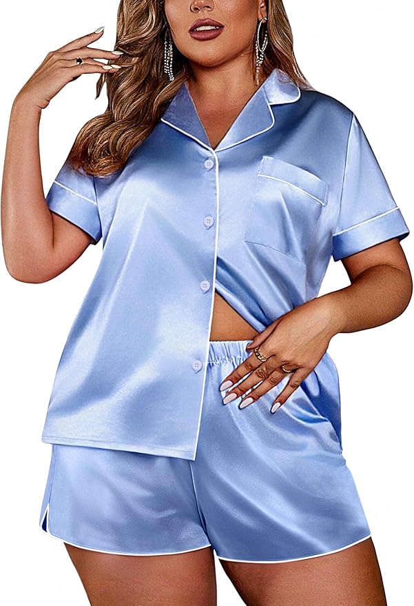 Ekouaer Womens Silk Satin Pajamas Set Short Sleeve Sleepwear Button Down Loungewear 2 Piece Pjs Shorts Set S-5X Plus Size