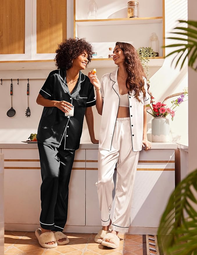 Ekouaer Satin Pajamas Set Women Short Sleeve Sleepwear Soft Button Down Loungewear Pjs Set