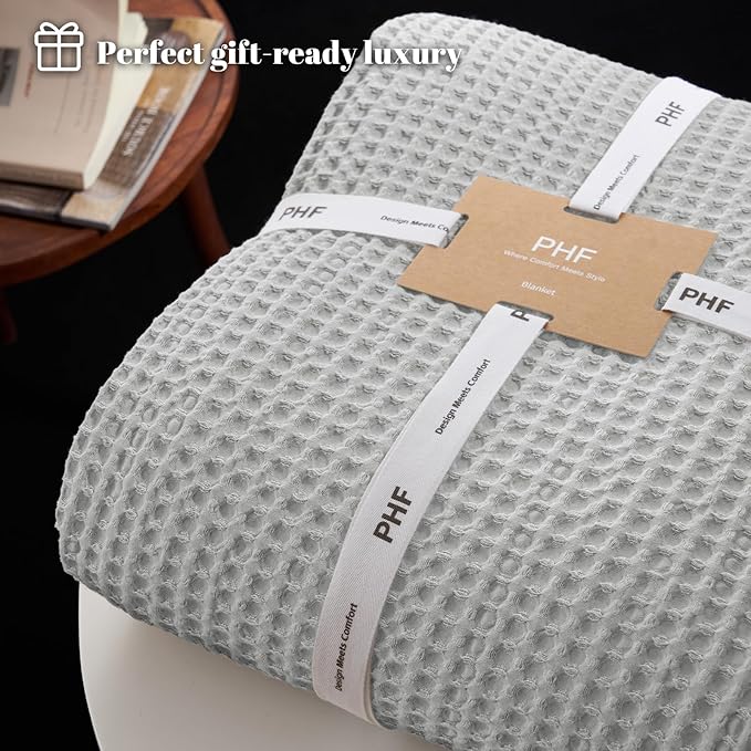PHF Ultra Soft Waffle Weave Throw Blanket 50"x 60"- Washed Lightweight Breathable Cozy Woven Blanket for Bed - Aesthetic Decor for Couch Bedding Sofa Home Car - Light Grey