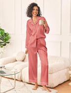 Ekouaer Womens Silk Satin Pajama Sets 2 Piece Sleepwear Pjs Set Long Sleeve Button Down Top and Pants Stripe Loungewear S-XXL