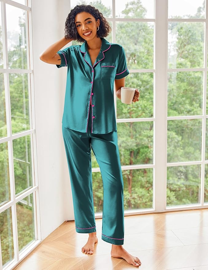Ekouaer Silk Satin Pajamas Set Women Short Sleeve Sleepwear Soft Button Down Loungewear Pjs Set