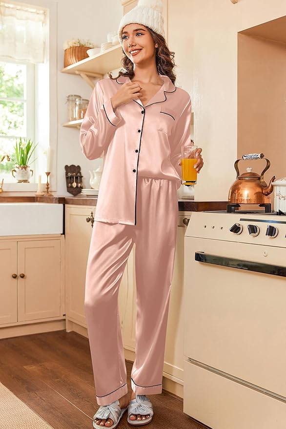 Ekouaer Women's Classic Button Down Long Satin Silk Pajama Set