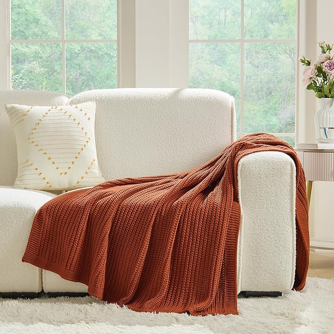 Chunky Knit Rust Orange Throw Blanket 50"x60" Soft Cozy Knitted Blanket for Couch Sofa Bed, Cute Decorative Spring Throw for Living Room