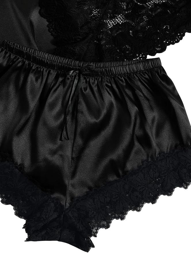 WDIRARA Women' Silk Satin Pajamas Set 4pcs Lingerie Floral Lace Cami Sleepwear with Robe
