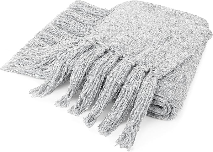 PAVILIA Light Gray Chenille Throw Blanket for Couch, Sofa Bed - Soft Knit Woven with Tassel, Decorative for Chair Living Room - Light Grey 50x60