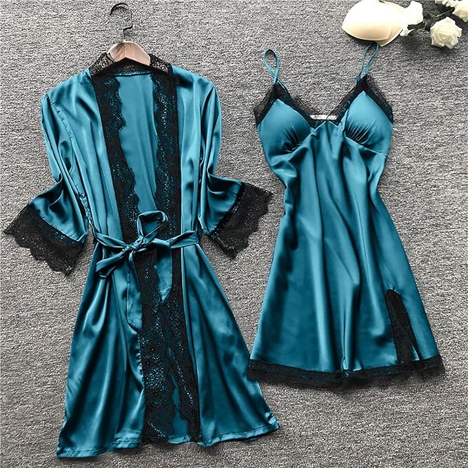 Women's 4pcs Silk Satin Pajamas Set Floral Lace Trim Dress with Robe Lounge Sleepwear Nightdress Novelty Loungewear