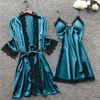 Women's 4pcs Silk Satin Pajamas Set Floral Lace Trim Dress with Robe Lounge Sleepwear Nightdress Novelty Loungewear