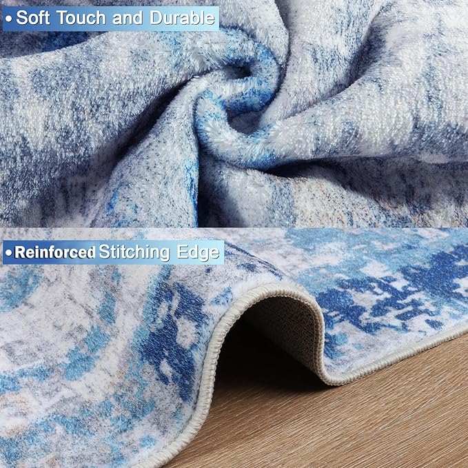 Area Rug 8x10 Washable Rugs Modern Abstract Area Rug Soft Non-Slip Non-Shedding Faux Wool Stain Resistant Floor Carpets for Living Room Bedroom Dining Room Kids Room Home Office (Blue, Ivory)