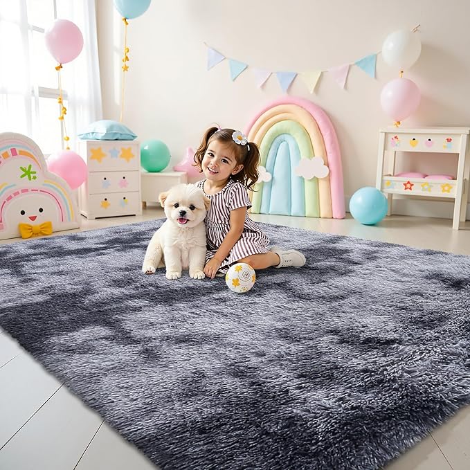OLANLY Area Rugs for Living Room Bedroom, Machine Washable 4x5.9 Feet Soft Fluffy Shaggy Bedside Rug, Indoor Floor Carpet for Kids Girls and Boys, Dorms, Home Decor Aesthetic, Light Grey Tie-dye