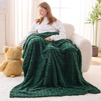 NEWCOSPLAY Super Soft Throw Blanket Green Premium Silky Flannel Fleece 3D Waffle Checkered Lightweight Bed Blanket All Season Use (Dark Green, Throw(50"x70"))