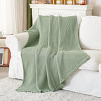 Chunky Cable Knit Throw Blanket Lightweight Light Green 100% Organic Cotton Blanket for Sofa Couch Bed Baby Nursery, Rustic Shabby Chic Modern Farmhouse, 51” x 63” Bonus Laundering Bag