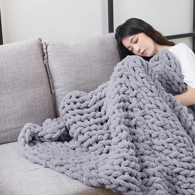 Wttfc Chunky Knit Throw Blanket, Handmade Soft Chenille Yarn Throw Blanket, Thick Cable Knitted Blankets, Large Rope Knot Crochet Blankets for Couch Sofa Bed Home Decor,Gray,100x200cm