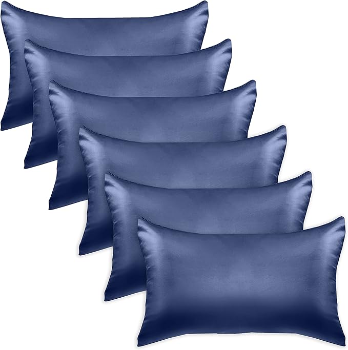 Elegant Comfort 6-Pack Cooling Viscose Satin Pillowcase Set with Hidden Zipper Closure, Silky Smooth for Best Hair and Skin Care-Beautiful Gift Box-6-Piece Satin Pillowcase Set, King, Navy Blue