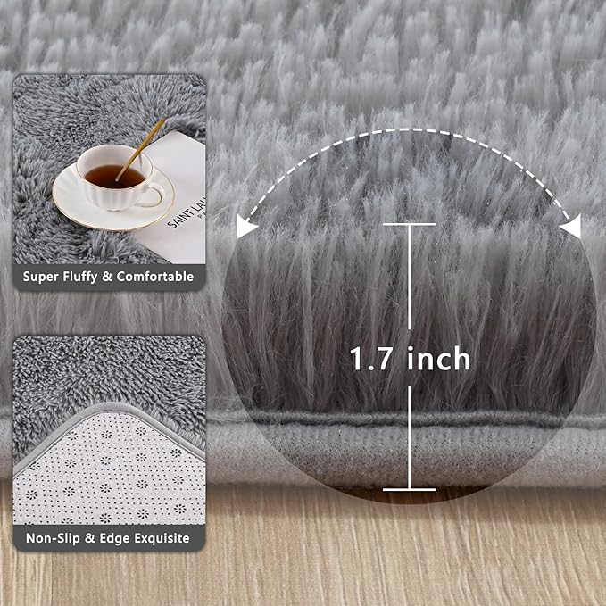 Grey Runner Area Rugs for Bedroom Living Room, 2x6 Feet Fluffy Bedside Rugs, Soft Shaggy Carpet Rug for Kids Room Nursery, Furry Cute Rugs for Girls Boys Dorm Room Home Decor