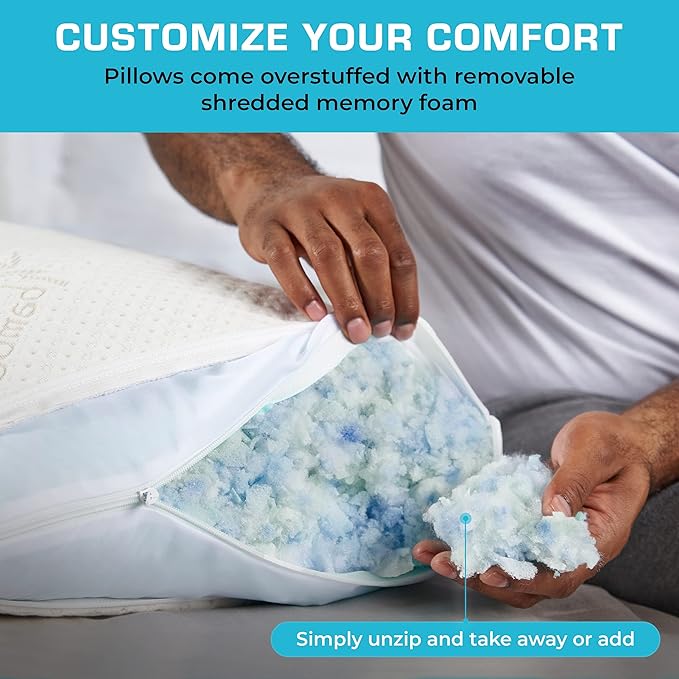 Xtreme Comforts GREENGUARD Certified Queen Pillows for Sleeping (2 Pack) | Adjustable Shredded Memory Foam Pillows with Removable Cover | Support for Side, Back & Stomach Sleeper