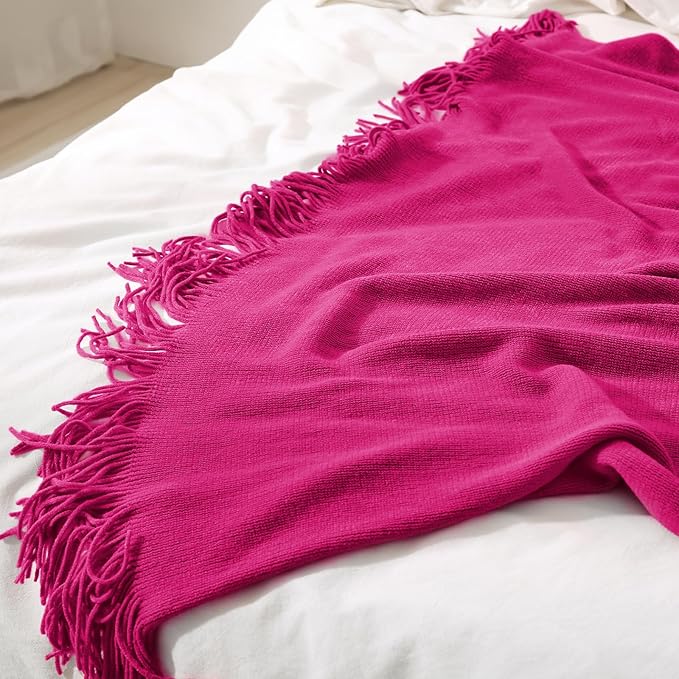 Homiest Decorative Knitted Throw with Fringe, Lightweight Acrylic Knit Blanket, Soft & Cozy Tassel for Couch Sofa Bed (Dark Pink, 50 x 60 Inch)