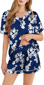 Silk Pajamas for Women Short Sleeve Satin 2 Piece Pj Set Soft V Neck Sleepwear Loungewear, S-XXL