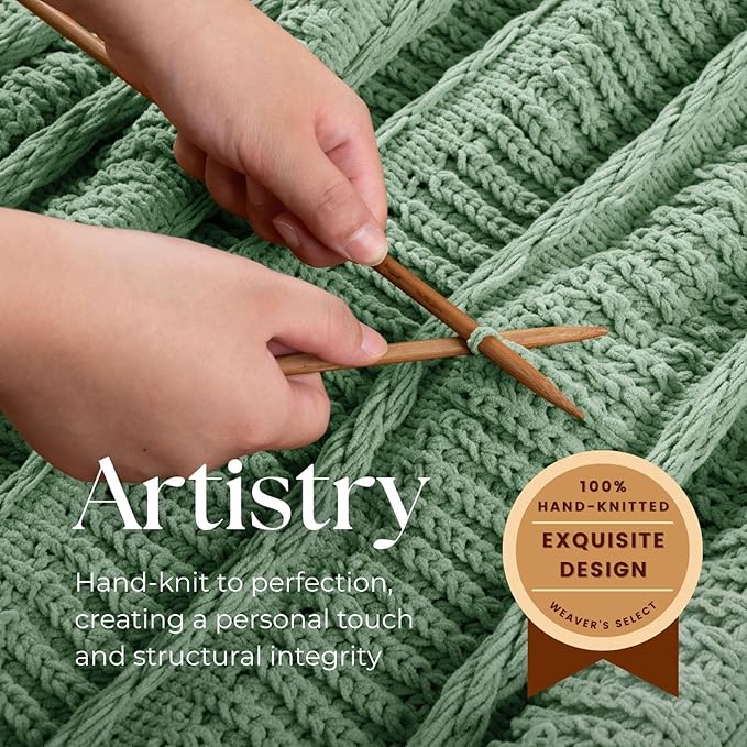 Boho Knitted Chenille Blanket with Tassels - Lightweight & Soft All-Season Throw - 3D Classic Pattern for Living Room Bedroom Couch, Sage Green, Queen 90"x90"