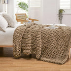WESHIONGOO Chunky Knit Blanket Throw 51"×63" Knitted Throw Blankets for Couch Bed Fluffy Soft Blanket with Jumbo Chenille Yarn Thick 100% Handmade (Brown)