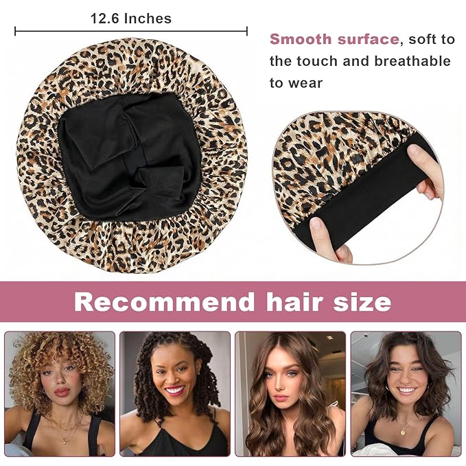 4Pcs Satin Bonnet Silk Bonnet, Hair Bonnet for Sleeping, Elastic Wide Band Silk Sleep Cap, Soft and Breathable(Leopard Print*4)