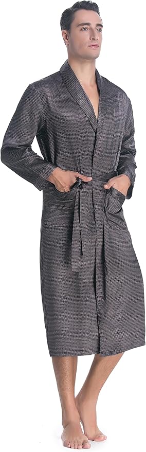 Lavenderi Mens Silky Satin Lounge Robe, Long Lightweight Sleepwear