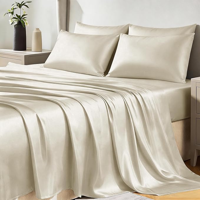 CozyLux Satin Sheets King Size Sheet Set - 6 Piece Silky King Sheets, Luxury Beige King Bed Set with Smooth and Soft Microfiber, Includes 1 Fitted Sheet, 1 Flat Sheet and 4 Pillowcases