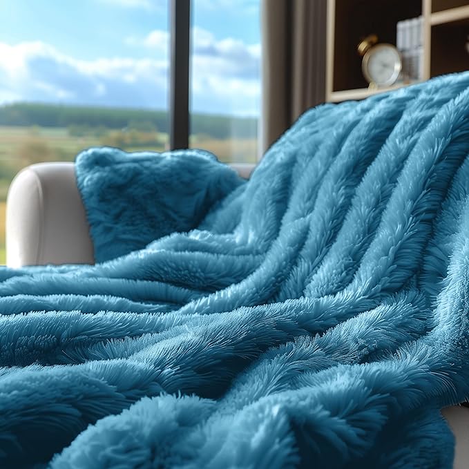 Hyde Lane Dark Teal Fuzzy Throw Blanket for Couch Sofa, Reversible Ultra Soft Faux Fur Throws, Plush Fluffy Blankets | 60x80 Peacock Blue