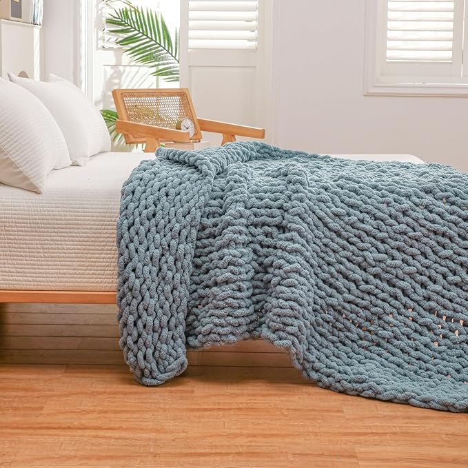 WESHIONGOO Chunky Knit Blanket Throw 51"×63" Knitted Throw Blankets for Couch Bed Fluffy Soft Blanket with Jumbo Chenille Yarn Thick 100% Handmade(Dusty Blue)