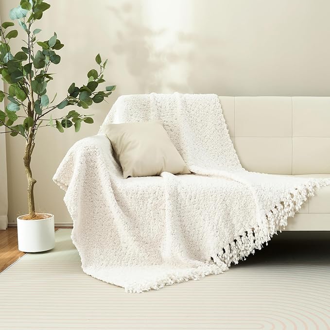 Throw Blanket for Couch, White Luxury Knitted Throws 60"x80", Textured Blankets with Handmade Fringe Tassels for Bed Sofa Decorative, Chunky Soft Farmhouse Boho Home Decor
