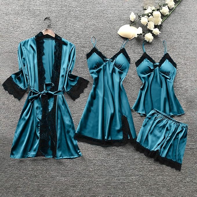 Women's 4pcs Silk Satin Pajamas Set Floral Lace Trim Dress with Robe Lounge Sleepwear Nightdress Novelty Loungewear