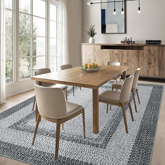 RUGSREAL 9x12 Living Room Rug Large Washable Rug Non Slip Boho Accent Carpet Braided Print Carpet Indoor Throw Floor Cover Farmhouse Rustic Area Rug Bohemian Border Rugs for Bedroom Home Decor, Grey
