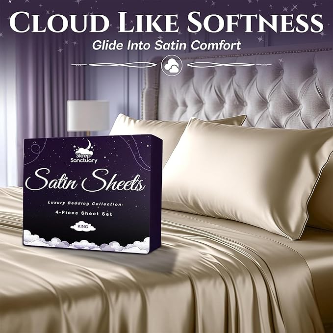 SLEEP SANCTUARY Satin Sheets King Size – 4 Piece Luxury Silky Bed Set, Softer Than Silk, 15" Deep Pocket, Cooling & Wrinkle-Free, Moisture-Wicking & Breathable for Hair & Skin (Ivory)