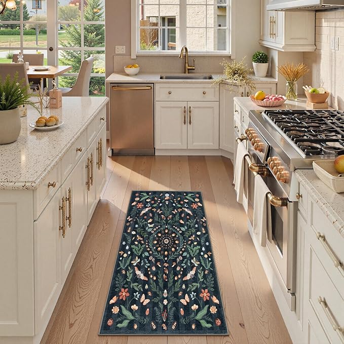 Lahome Insect Botanical 2x4 Black Kitchen Runner Rugs Non Skid Washable, Rug Runners for Hallways Non Slip Bathroom Carpet Runner, Soft Indoor Runners for Entryway Laundry Bedroom(Black,2x4)