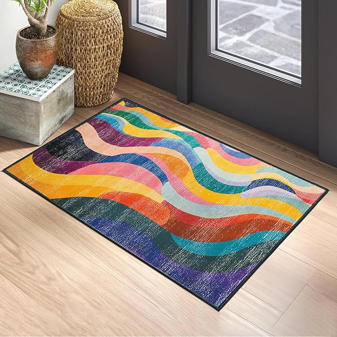 Area Rug 2x3 ft Rug Washable Boho Rugs Non Slip Low Pile Floral Small Carpet for Bedroom, Bedside, Kids Room, Office, Dining Room (Rainbow Pattern, 2x3 ft)